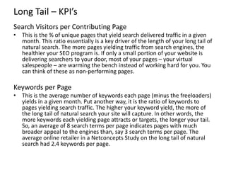 Long Tail – KPI’s
Search Visitors per Contributing Page
• This is the % of unique pages that yield search delivered traffi...
