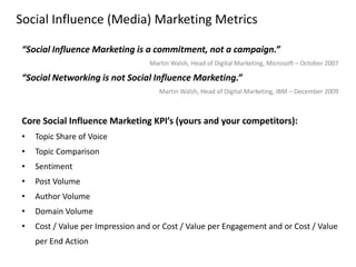 Social Influence (Media) Marketing Metrics
“Social Influence Marketing is a commitment, not a campaign.”
Martin Walsh, Hea...