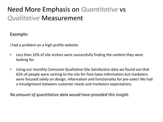 Need More Emphasis on Quantitative vs
Qualitative Measurement
Example:
I had a problem on a high profile website:
• Less t...