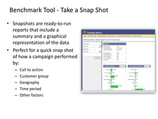Benchmark Tool - Take a Snap Shot
• Snapshots are ready-to-run
reports that include a
summary and a graphical
representati...