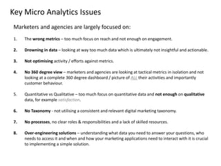 Key Micro Analytics Issues
Marketers and agencies are largely focused on:
1. The wrong metrics – too much focus on reach a...