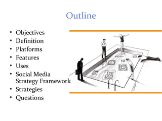 Outline
• Objectives
• Definition
• Platforms
• Features
• Uses
• Social Media
Strategy Framework
• Strategies
• Questions