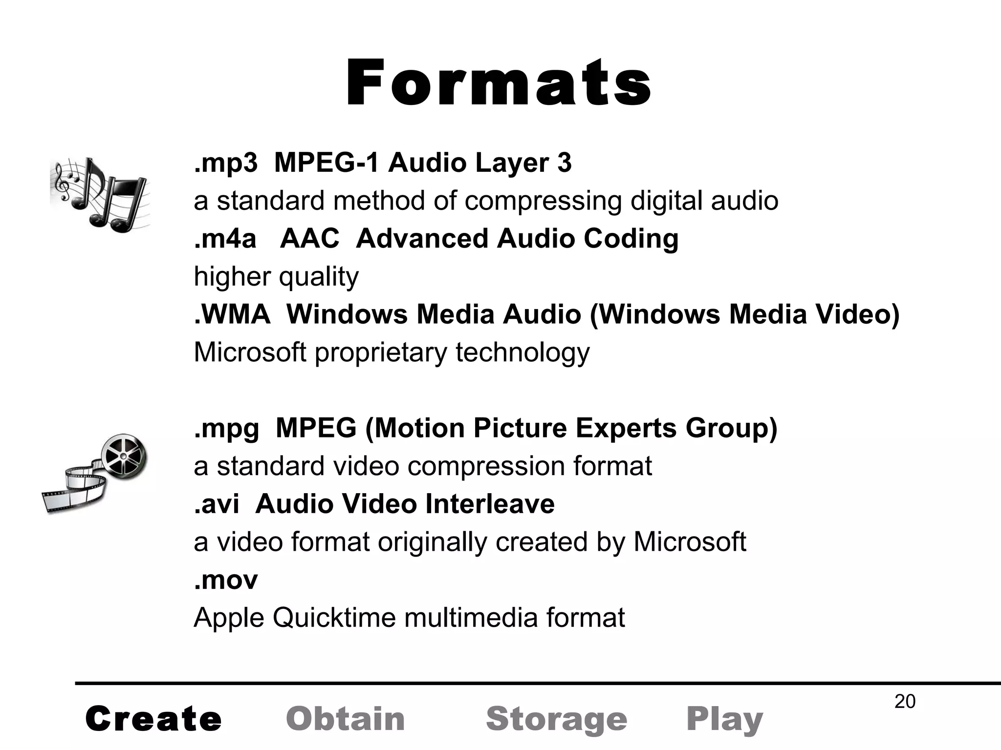 Formats .mp3  MPEG-1 Audio Layer 3   a standard method of compressing digital audio .m4a  AAC  Advanced Audio Coding   higher quality .WMA  Windows Media Audio (Windows Media Video) Microsoft proprietary technology .mpg  MPEG (Motion Picture Experts Group) a standard video compression format .avi  Audio Video Interleave a video format originally created by Microsoft .mov Apple Quicktime multimedia format Create Obtain Storage Play 