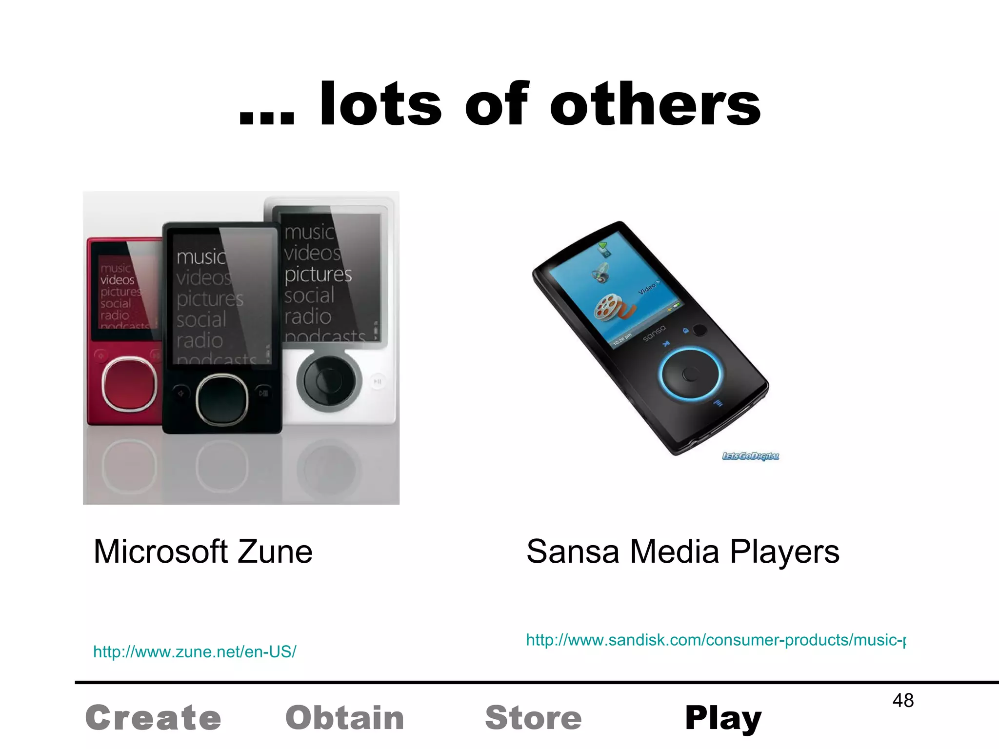 …  lots of others Microsoft Zune Sansa Media Players http://www.zune.net/en-US/   http://www.sandisk.com/consumer-products/music-player/sansa-players   Create Obtain Store Play 
