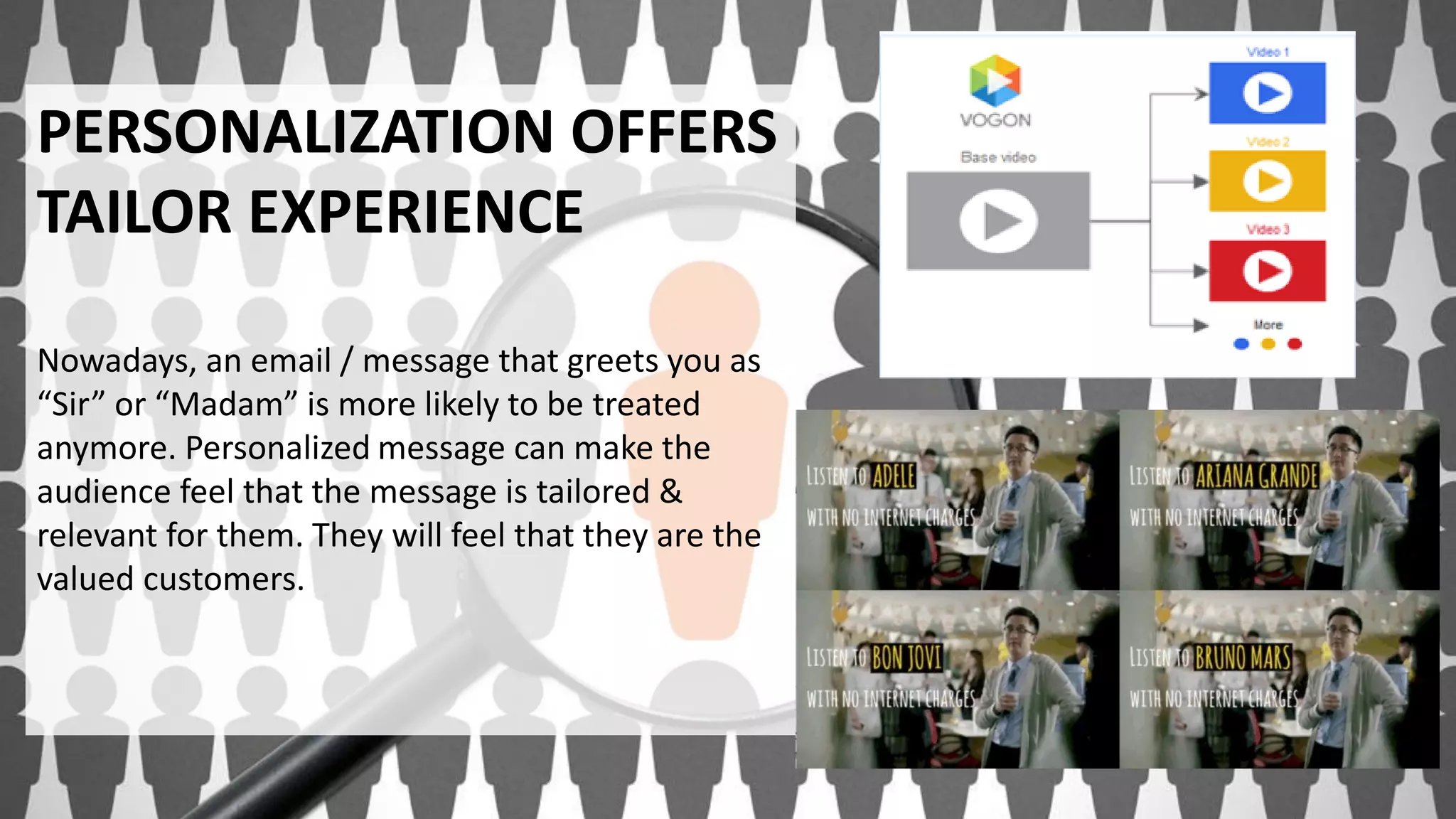 PERSONALIZATION OFFERS
TAILOR EXPERIENCE
Nowadays, an email / message that greets you as
“Sir” or “Madam” is more likely to be treated
anymore. Personalized message can make the
audience feel that the message is tailored &
relevant for them. They will feel that they are the
valued customers.
 