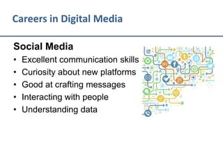 Careers in Digital Media
Social Media
• Excellent communication skills
• Curiosity about new platforms
• Good at crafting messages
• Interacting with people
• Understanding data
 
