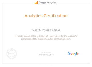 Digital Marketing Certifications 2018 - Tarun Kshetrapal
