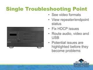 Single Troubleshooting Point <ul><li>See video formats </li></ul><ul><li>View repeater/endpoint status </li></ul><ul><li>F...
