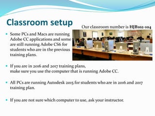 Classroom setup
 Some PCs and Macs are running
Adobe CC applications and some
are still running Adobe CS6 for
students who are in the previous
training plans.
 If you are in 2016 and 2017 training plans,
make sure you use the computer that is running Adobe CC.
 All PCs are running Autodesk 2015 for students who are in 2016 and 2017
training plan.
 If you are not sure which computer to use, ask your instructor.
Our classroom number is HJB102-104
 