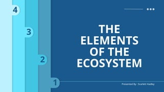 THE
ELEMENTS
OF THE
ECOSYSTEM
Presented By : Scarlett Hadley
1
2
3
4
 