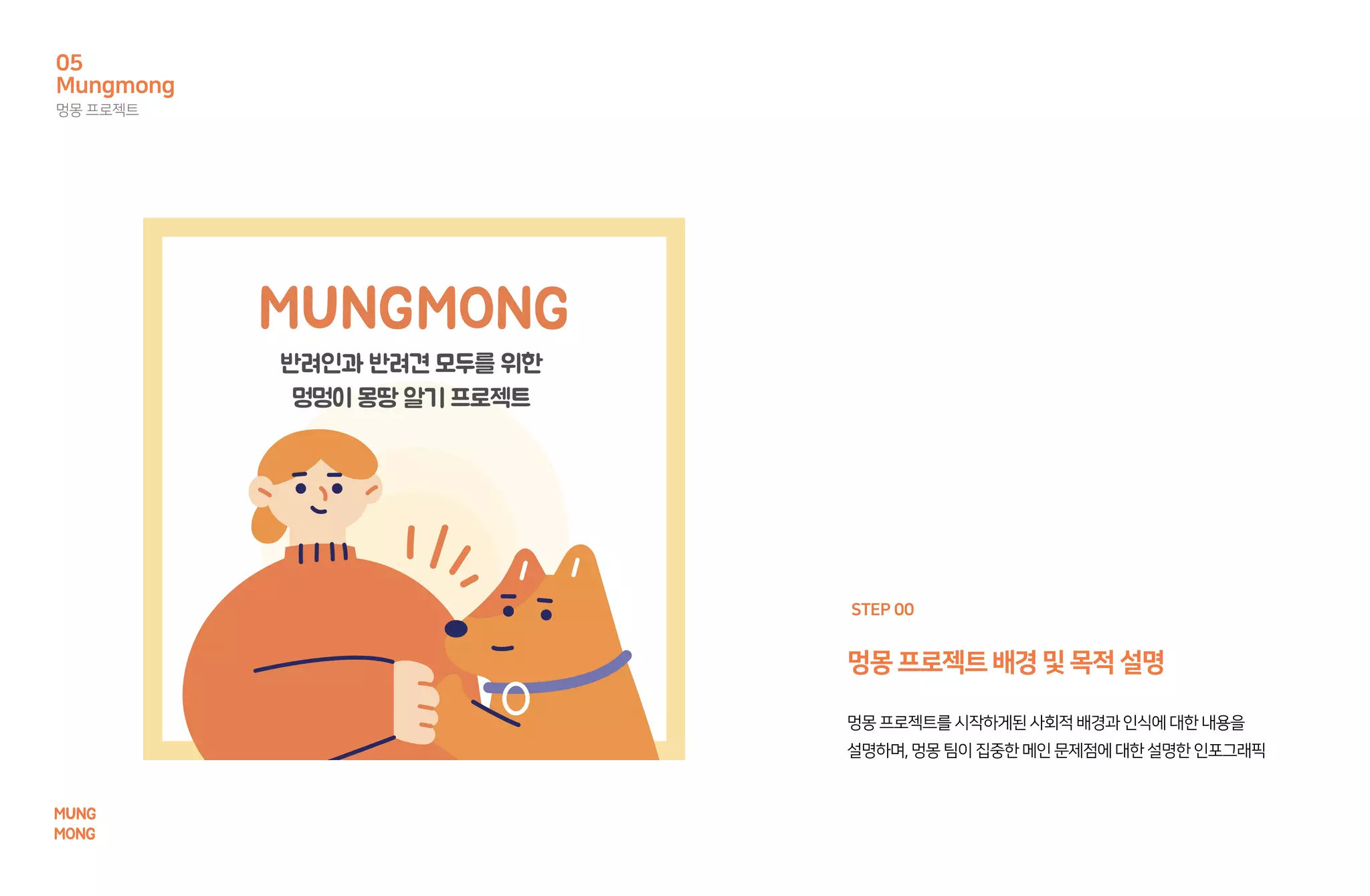 멍몽프로젝트를시작하게된사회적배경과인식에대한내용을
설명하며,멍몽팀이집중한메인문제점에대한설명한인포그래픽
멍몽프로젝트배경및목적설명
STEP 00
Mungmong
멍몽 프로젝트
05
MUNG
MONG
 