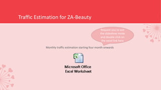 Traffic Estimation for ZA-Beauty
Monthly traffic estimation starting four month onwards
Request you to exit
the slideshow mode
and double click on
the excel link here
 