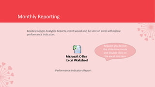 Monthly Reporting
Besides Google Analytics Reports, client would also be sent an excel with below
performance indicators:
Performance Indicators Report
Request you to exit
the slideshow mode
and double click on
the excel link here
 