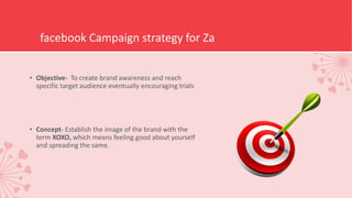 facebook Campaign strategy for Za
• Objective- To create brand awareness and reach
specific target audience eventually encouraging trials
• Concept- Establish the image of the brand with the
term XOXO, which means feeling good about yourself
and spreading the same.
 