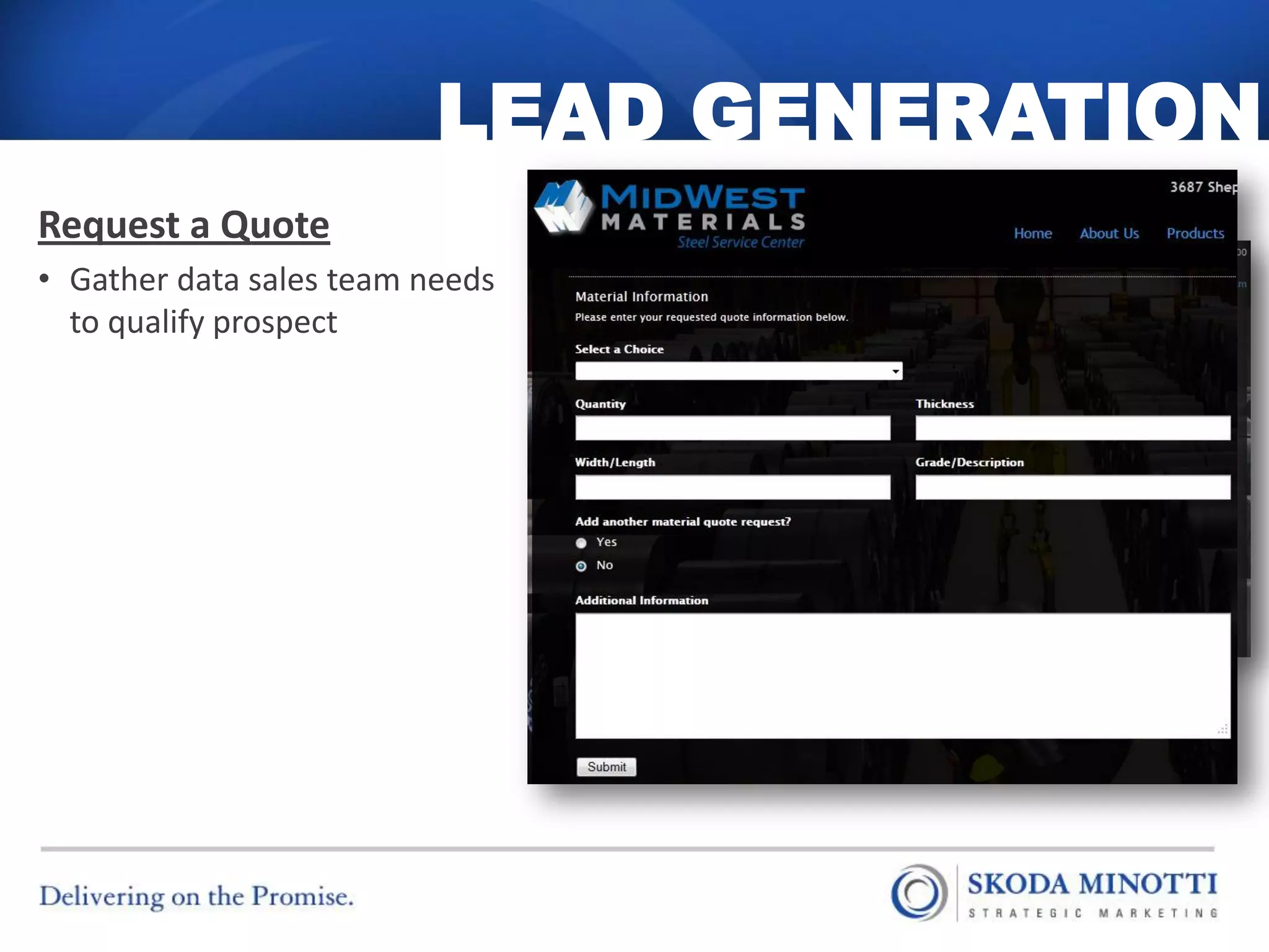 LEAD GENERATION
Request a Quote
• Gather data sales team needs
  to qualify prospect
 