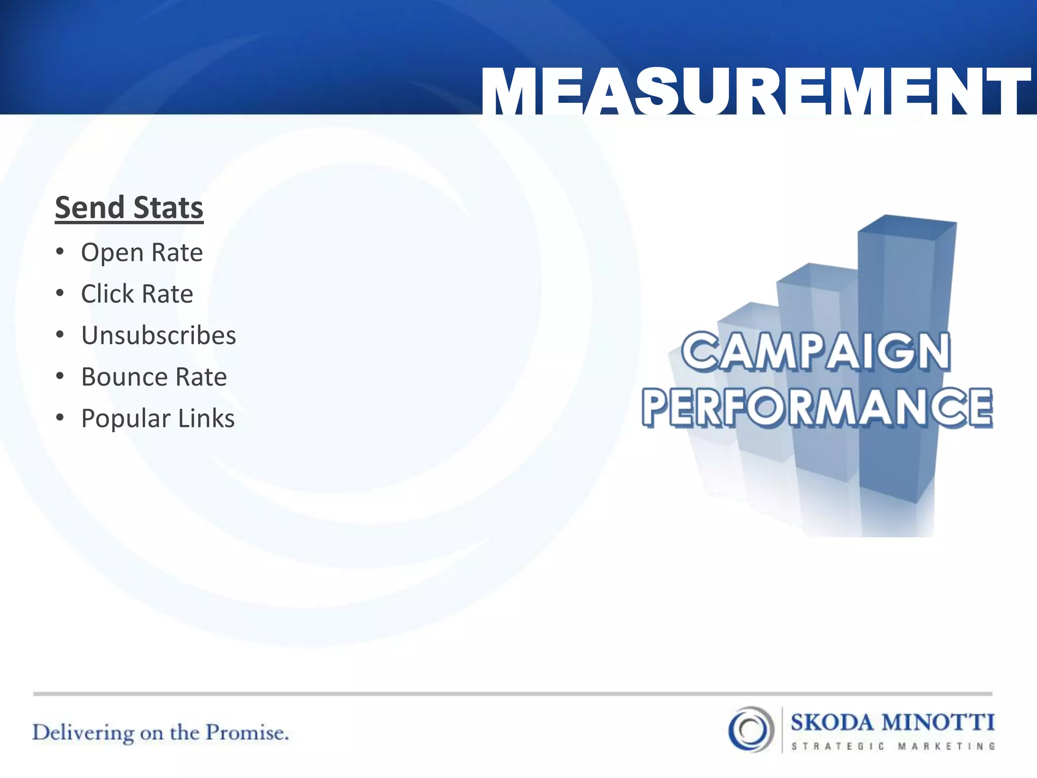 MEASUREMENT
Send Stats
•   Open Rate
•   Click Rate
•   Unsubscribes
•   Bounce Rate
•   Popular Links
 