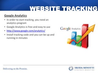 WEBSITE TRACKING
Google Analytics
• In order to start tracking, you need an
  analytics program
• Google Analytics is free and easy to use
• http://www.google.com/analytics/
• Install tracking code and you can be up and
  running in minutes
 