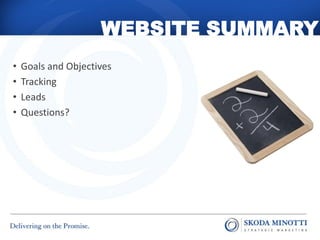 WEBSITE SUMMARY
•   Goals and Objectives
•   Tracking
•   Leads
•   Questions?
 