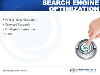 SEARCH ENGINE
                               OPTIMIZATION
•   Paid vs. Organic Search
•   Keyword Research
•   On-Page Optimization
•   Links
 