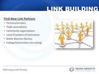 LINK BUILDING
Find New Link Partners
•   Partners/vendors
•   Trade associations
•   Community organizations
•   Local Chambers of Commerce
•   Better Business Bureau
•   College/Universities (recruiting)
 