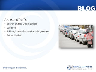 BLOG
Attracting Traffic
•   Search Engine Optimization
•   Website
•   E-blast/E-newsletters/E-mail signatures
•   Social Media
 