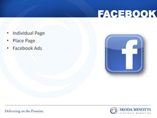 FACEBOOK
• Individual Page
• Place Page
• Facebook Ads
 