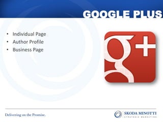GOOGLE PLUS
• Individual Page
• Author Profile
• Business Page
 