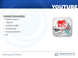 YOUTUBE
Content Generation
•   Product videos
•   “How-to”
•   Customer Q&A
•   Testimonials
•   Industry relevant
•   Etc.
 
