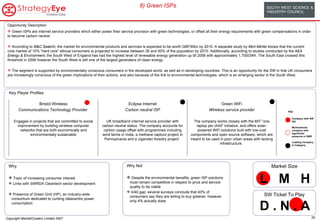 Opportunity Description Green ISPs are internet service providers which either power their service provision with green technologies, or offset all their energy requirements with green compensations in order to become carbon neutral.  According to  M&C Saatchi , the market for environmental products and services is expected to be worth GBP30bn by 2010. A separate study by  Mori-Mintel  shows that the current core market of 10% “hard core” ethical consumers is projected to increase between 30 and 50% of the population by 2010. Additionally, according to studies conducted by the  AEA Energy & Environment , the South West of England has had the highest level of renewable energy generation up till 2006 with approximately 1,700GWh. The South East crossed this threshold in 2006 however the South West is still one of the largest generators of clean energy. The segment is supported by environmentally conscious consumers in the developed world, as well as in developing countries. This is an opportunity for the SW in that UK consumers are increasingly conscious of the green implications of their actions, and also because of the link to environmental technologies, which is an emerging sector in the South West. Key Player Profiles Market Size L  M  H SW Ticket To Play D . N . A Why Topic of increasing consumer interest  Links with SWRDA Cleantech sector development Presence of  Green Grid (HP), an industry-wide consortium dedicated to curbing datacentre power consumption   Why Not Despite the environmental benefits, green ISP solutions must remain competitive in respect to price and service quality to be viable 4/40 gap: several surveys conclude that 40% of consumers say they are willing to buy greener, however only 4% actually does 8) Green ISPs Green WiFi Wireless service provider The company works closely with the MIT “one laptop per child” initiative, and offers solar-powered WiFi solutions built with low-cost components and open source software, which are meant to be used in poor urban areas with lacking infrastructure.  Eclipse Internet Carbon neutral ISP UK broadband internet service provider with carbon neutral status . The company accounts for carbon usage offset with programmes including wind farms in India, a methane capture project in Pennsylvania and a Ugandan forestry project  Bristol Wireless Communications Technology Provider  Engages in projects that are committed to social improvement by building wireless computer networks that are both economically and environmentally sustainable Key : Company with SW HQ Multinational company with significant presence in SWE Leading Company in Category 