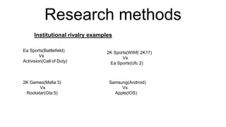 Research methods
Institutional rivalry examples
Ea Sports(Battlefield)
Vs
Activision(Call of Duty)
2K Games(Mafia 3)
Vs
Rockstar(Gta 5)
2K Sports(WWE 2K17)
Vs
Ea Sports(Ufc 2)
Samsung(Android)
Vs
Apple(IOS)
 