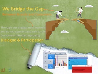 We Bridge the Gap
Between Brands and Customers.
Through our engagement console
we let you connect and talk to the
Customers thereby improving
Dialogue & Participation
 