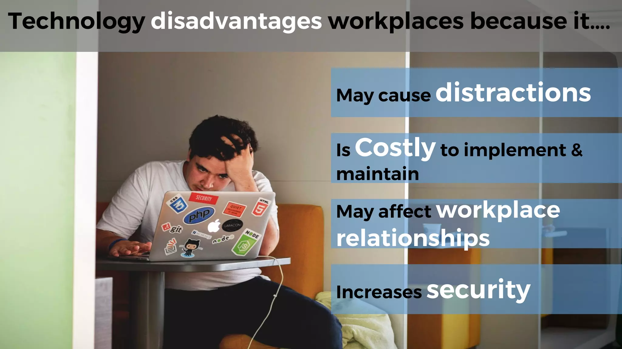 Technology disadvantages workplaces because it….
May cause distractions
Is Costly to implement &
maintain
May affect workplace
relationships
Increases security
 