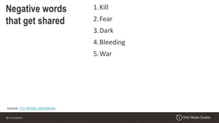 @crestodina
Negative words
that get shared
source: 131 Words, Orbit Media
1.Kill
2.Fear
3.Dark
4.Bleeding
5.War
 