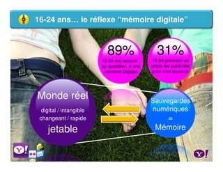 16-24 ans… le réflexe “mémoire digitale”



                           89%                   31%
                         16-24 ont recours ,   16-24 prennent en
                         au quotidien, à une   photo les publicités
                          mémoire Digitale     pour s’en souvenir




Monde réel                                     Sauvegardes
  digital / intangible                         numériques
 changeant / rapide                               =
    jetable                                     Mémoire
 