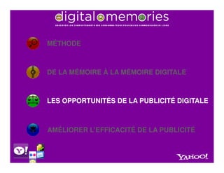 MÉTHODE



DE LA MÉMOIRE À LA MÉMOIRE DIGITALE



LES OPPORTUNITÉS DE LA PUBLICITÉ DIGITALE



AMÉLIORER L’EFFICACITÉ DE LA PUBLICITÉ
 