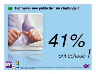 Retrouver une publicité : un challenge !




                                                                         41%
                                                                                                      ont échoué                                                         !
   Question = De manière générale, et en repensant aux différentes méthodes que vous utilisez, diriez-vous que vous parvenez à retrouver les publicités souhaitées sur
   Internet ? – Base = 754 répondants
 