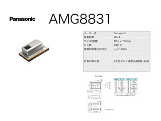 AMG8831
メーカー名 Panasonic
発表時期 2014
サイズ(縦横) 10.9 x 7.8mm
ピン数 14ピン
推奨供給電圧(VDD) -0.3∼6.5V
計測可能な値 2次元アレイ温度(64画素, 8x8)
 