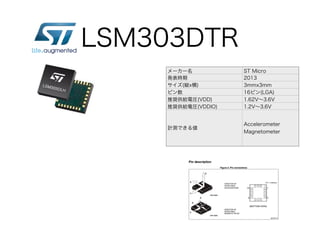 LSM303DTR
メーカー名 ST Micro
発表時期 2013
サイズ(縦x横) 3mmx3mm
ピン数 16ピン(LGA)
推奨供給電圧(VDD) 1.62V∼3.6V
推奨供給電圧(VDDIO) 1.2V∼3.6V
計測できる値
Accelerometer 
Magnetometer
 