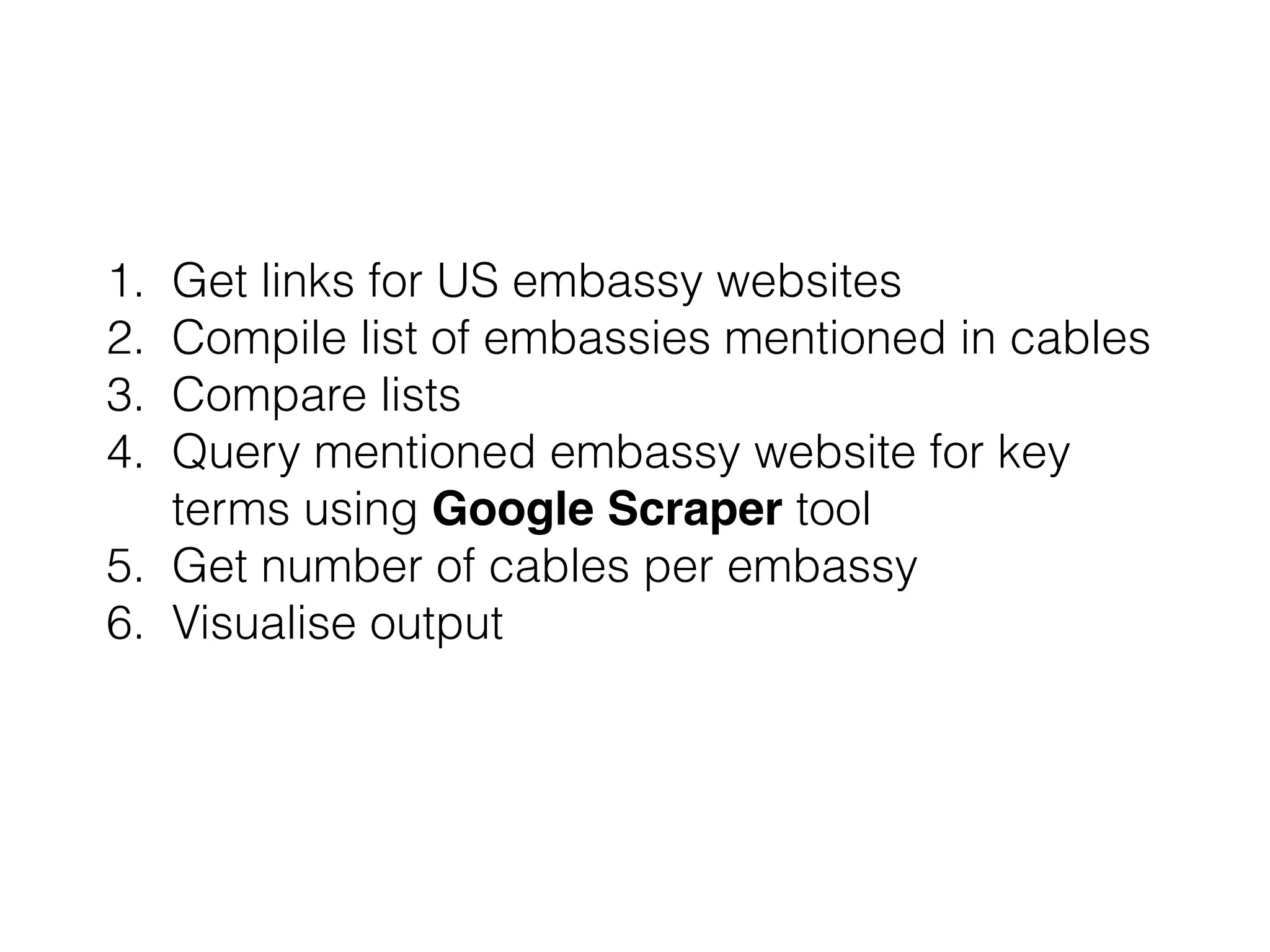 1. Get links for US embassy websites 
2. Compile list of embassies mentioned in cables 
3. Compare lists 
4. Query mentioned embassy website for key 
terms using Google Scraper tool 
5. Get number of cables per embassy 
6. Visualise output 
 