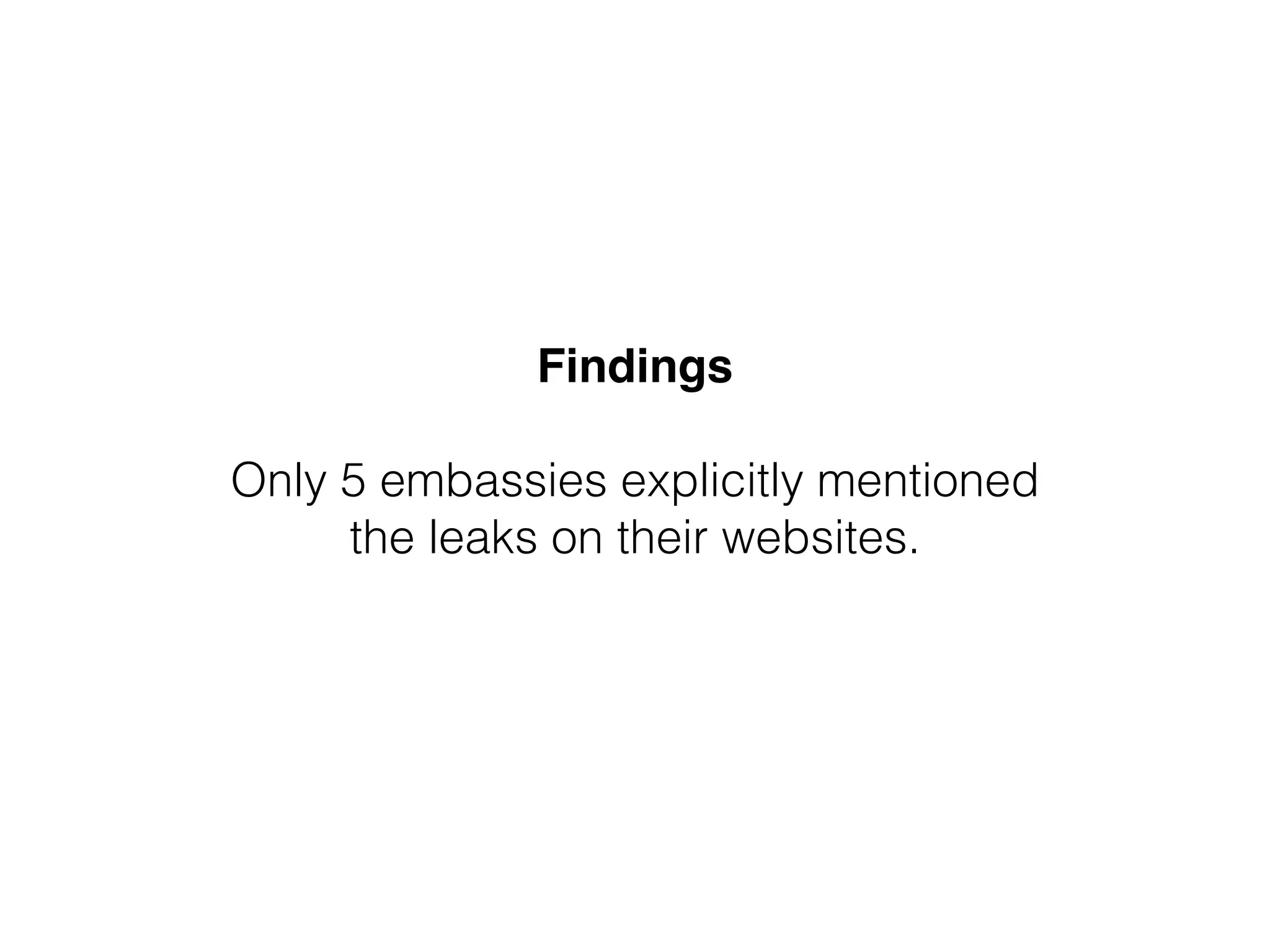 Findings 
Only 5 embassies explicitly mentioned 
the leaks on their websites. 
 