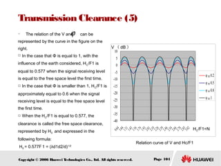Transmission Clearance (5)
　

ϕ

The relation of the V and

can be

represented by the curve in the figure on the
right.


In the case that Φ is equal to 1, with the

influence of the earth considered, H C/F1 is
equal to 0.577 when the signal receiving level
is equal to the free space level the first time.


In the case that Φ is smaller than 1, H C/F1 is

V （ dB ）
10

5
0
-5

φ＝0.2

-10

φ＝0.5

-15

approximately equal to 0.6 when the signal
receiving level is equal to the free space level

-25

the first time.

φ＝0.8

-20
-30

When the HC/F1 is equal to 0.577, the

clearance is called the free space clearance,
represented by H0 and expressed in the

-35
-40
0.6
4
1.0
4
1.3
1
1.4
3
1.5
6
1.7
6
1.9
3
2.0
1
2.1
0
2.2
6
2.3
9
2.4
6
2.5
4
2.6
6
2.7
8
2.8
5
3.0
2



φ ＝1

following formula:
H0 = 0.577F 1 = (λd1d2/d)1/2
Copyright © 2006 H
uawei T
echnologies Co., L All rights reserved.
td.

HC/F1=N

Relation curve of V and Hc/F1

Page 104

 