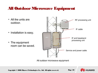 All Outdoor Microwave Equipment
• All the units are
outdoor.

RF processing unit

IF cable

• Installation is easy.
IF and baseband
processing unit

• The equipment
room can be saved.

Service and power cable

All outdoor microwave equipment

Copyright © 2006 H
uawei T
echnologies Co., L All rights reserved.
td.

Page 22

 