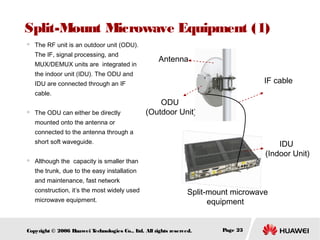 Split-Mount Microwave Equipment (1)


The RF unit is an outdoor unit (ODU).
The IF, signal processing, and
MUX/DEMUX units are integrated in

Antenna

the indoor unit (IDU). The ODU and

IF cable

IDU are connected through an IF
cable.


The ODU can either be directly

ODU
(Outdoor Unit)

mounted onto the antenna or
connected to the antenna through a
short soft waveguide.


IDU
(Indoor Unit)

Although the capacity is smaller than
the trunk, due to the easy installation
and maintenance, fast network
construction, it’s the most widely used
microwave equipment.

Split-mount microwave
equipment

Copyright © 2006 H
uawei T
echnologies Co., L All rights reserved.
td.

Page 23

 