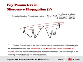 Key Parameters in
Microwave Propagation (2)
　 Formula of the first Fresnel zone radius:

F1 = 17.32

d1 (km) × d 2 (km)
f (GHz ) × d (km)

　 The first Fresnel zone is the region where the microwave transmission energy is

the most concentrated. The obstruction in the Fresnel zone should be as little as
possible. With the increase of the Fresnel zone serial numbers, the field strength of the
receiving point reduces as per arithmetic series.
Copyright © 2006 H
uawei T
echnologies Co., L All rights reserved.
td.

Page 55

 