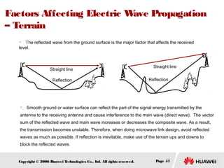 Factors Affecting Electric W
ave Propagation
– Terrain
The reflected wave from the ground surface is the major factor that affects the received
level.


Straight line
Reflection



Straight line
Reflection

Smooth ground or water surface can reflect the part of the signal energy transmitted by the

antenna to the receiving antenna and cause interference to the main wave (direct wave). The vector
sum of the reflected wave and main wave increases or decreases the composite wave. As a result,
the transmission becomes unstable. Therefore, when doing microwave link design, avoid reflected
waves as much as possible. If reflection is inevitable, make use of the terrain ups and downs to
block the reflected waves.

Copyright © 2006 H
uawei T
echnologies Co., L All rights reserved.
td.

Page 57

 
