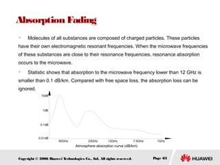 Absorption Fading
　

Molecules of all substances are composed of charged particles. These particles

have their own electromagnetic resonant frequencies. When the microwave frequencies
of these substances are close to their resonance frequencies, resonance absorption
occurs to the microwave.
　

Statistic shows that absorption to the microwave frequency lower than 12 GHz is

smaller than 0.1 dB/km. Compared with free space loss, the absorption loss can be
ignored.
10dB

1dB

0.1dB

0.01dB

60GHz

23GHz

12GHz

7.5GHz

1GHz

Atmosphere absorption curve (dB/km)
Copyright © 2006 H
uawei T
echnologies Co., L All rights reserved.
td.

Page 63

 