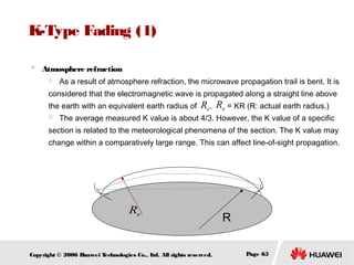 K-Type Fading (1)


Atmosphere refraction


As a result of atmosphere refraction, the microwave propagation trail is bent. It is

considered that the electromagnetic wave is propagated along a straight line above
the earth with an equivalent earth radius of


Re, Re = KR (R: actual earth radius.)

The average measured K value is about 4/3. However, the K value of a specific

section is related to the meteorological phenomena of the section. The K value may
change within a comparatively large range. This can affect line-of-sight propagation.

Re

Copyright © 2006 H
uawei T
echnologies Co., L All rights reserved.
td.

R
Page 65

 