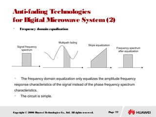 Anti-fading Technologies
for Digital Microwave System (2)
　

Frequency domain equalization

Multipath fading
Signal frequency
spectrum

　

Slope equalization

Frequency spectrum
after equalization

The frequency domain equalization only equalizes the amplitude frequency

response characteristics of the signal instead of the phase frequency spectrum
characteristics.


The circuit is simple.

Copyright © 2006 H
uawei T
echnologies Co., L All rights reserved.
td.

Page 77

 