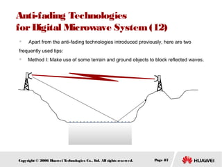 Anti-fading Technologies
for Digital Microwave System (12)
　

Apart from the anti-fading technologies introduced previously, here are two

frequently used tips:


Method I: Make use of some terrain and ground objects to block reflected waves.

Copyright © 2006 H
uawei T
echnologies Co., L All rights reserved.
td.

Page 87

 