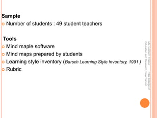 Sample
 Number of students : 49 student teachers
Tools
 Mind maple software
 Mind maps prepared by students
 Learning style inventory (Barsch Learning Style Inventory, 1991 )
 Rubric
Ms.GeetaRThakurPillaiCollegeof
EducationandResearch,NewPanvel
 